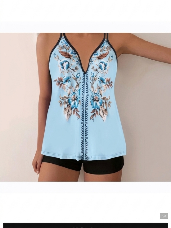 Other - Swimsuit -  Tankini - Floral V-Neck Tankini Swimsuit - Light Blue, Never Worn
